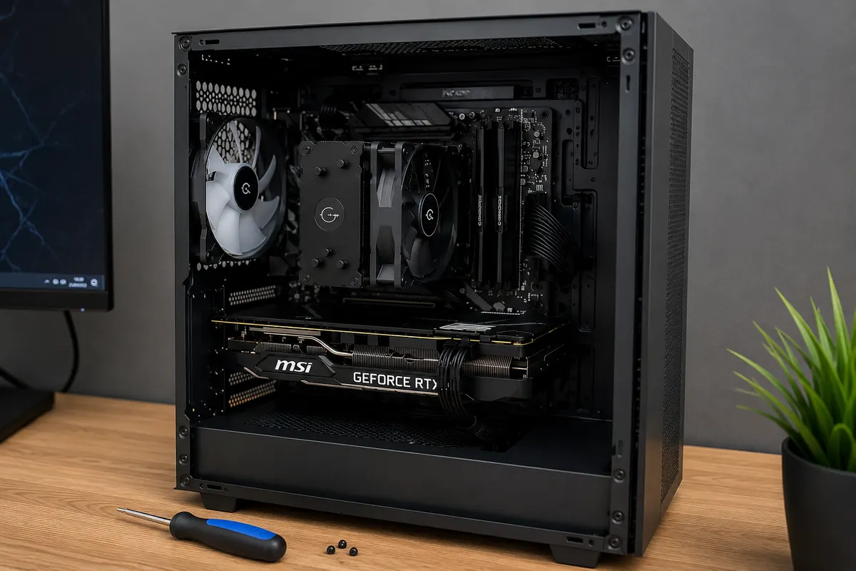 Interiorul unui PC custom în timpul asamblării, cu carcasa deschisă, ventilator alb montat și o șurubelniță lăsată alături pe birou