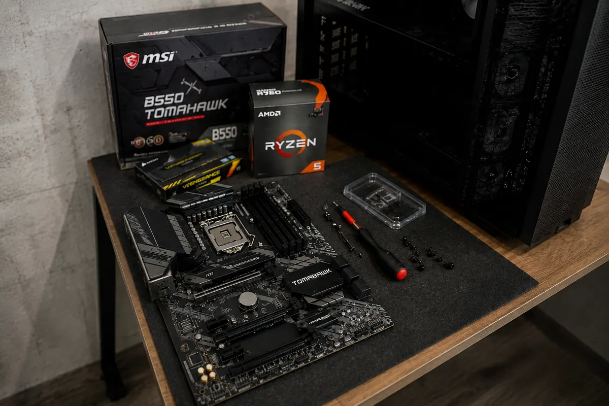 Componente PC noi despachetate pe masă: placă de bază MSI B550 Tomahawk, procesor AMD Ryzen 5, memorie RAM Corsair Vengeance și accesorii de montaj