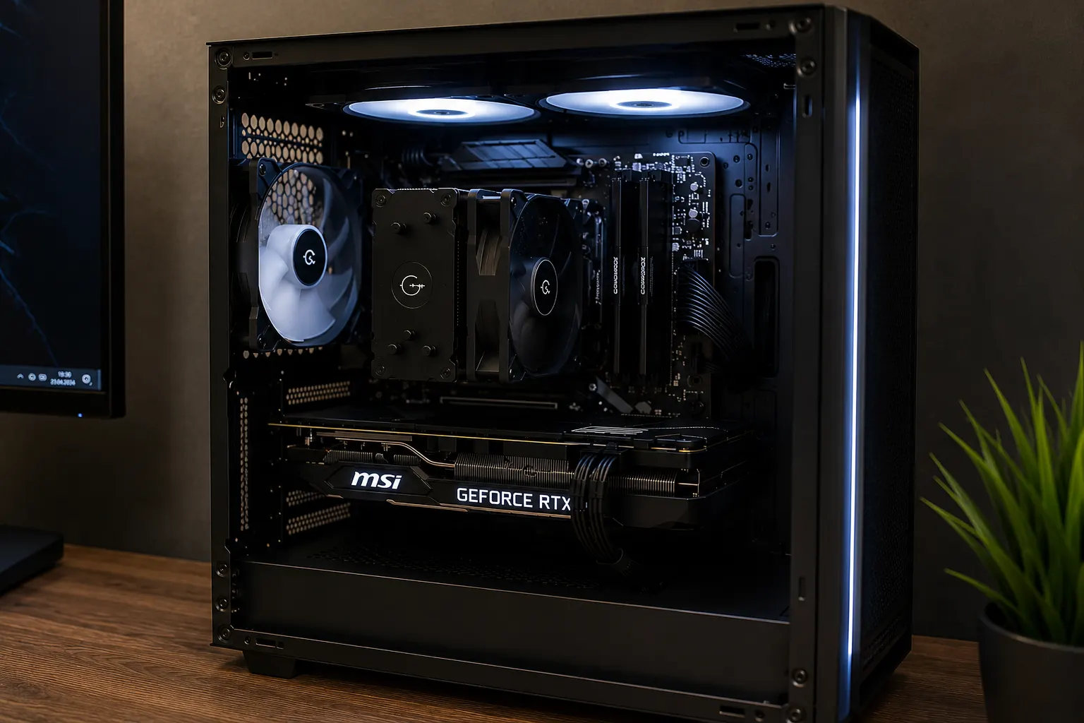 PC custom asamblat, cu ventilatoare RGB albe și placă video MSI GeForce RTX vizibile prin panoul lateral din sticlă